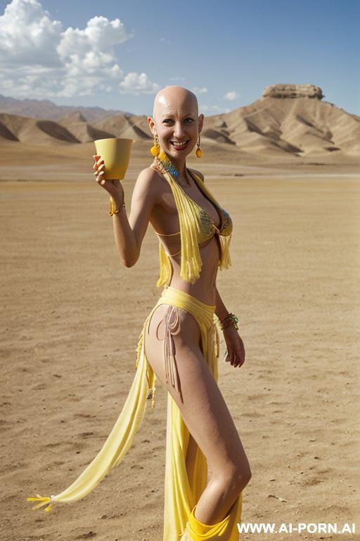 hyperrealism painting: full-length of slender bald japanese womans with friends, age twenty, ((a cup teardrop boobs)), on the desert field, bald head, art - #main