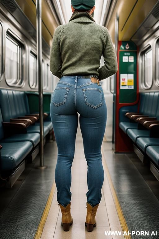 mature woman, retro tight blue jeans, light-green top, brown riding flats boots, kufi cap - #main