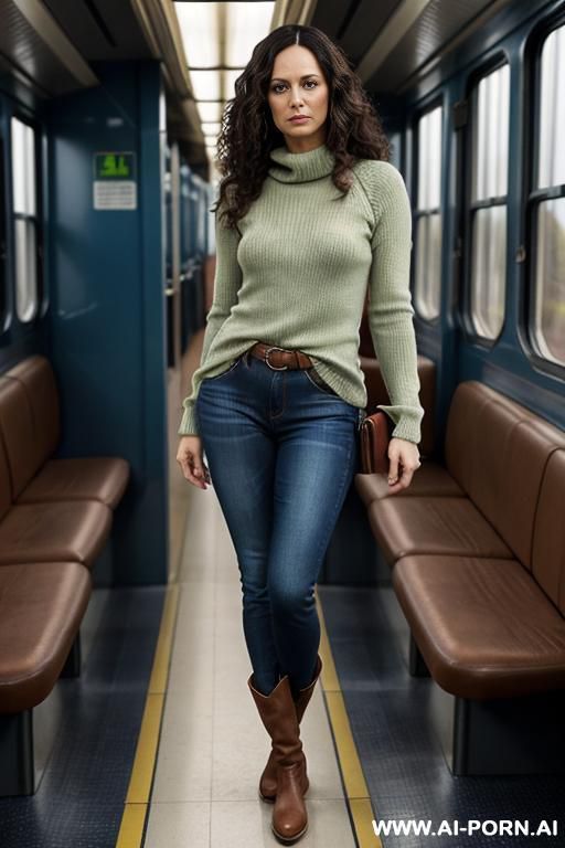 mature woman, tight blue jeans, light-green top, brown riding flats boots - #main