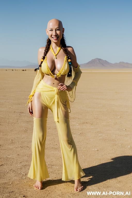 hyperrealism painting: full-length of slender bald japanese womans with friends, age twenty, ((a cup teardrop boobs)), on the desert field with friends, bald heads, art - #main