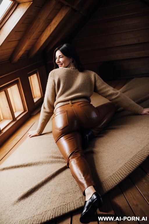 mature woman, flared light-brown leather pants, cream sweater, oxford brown flats shoes - #main