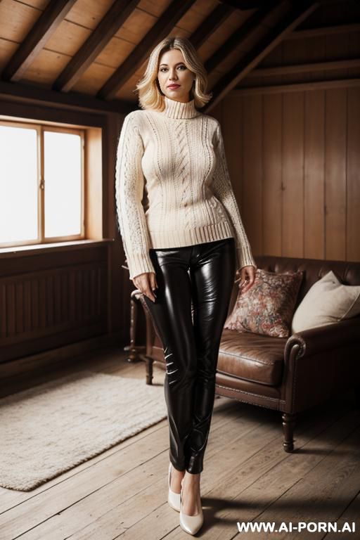 mature woman, flared leather pants, cream sweater, oxford shoes - #main