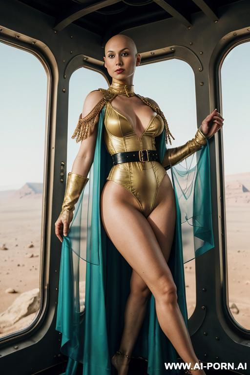 (reptilian sci-fi slender bald woman), ((aa cup boobs)), in the blue and yellow sci-fi outfit, on the sci-fi spaceship, diver suit and fashion coat - #main
