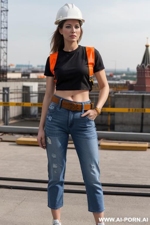 straight blue jeans, leather belt, safety work sneakers - #main