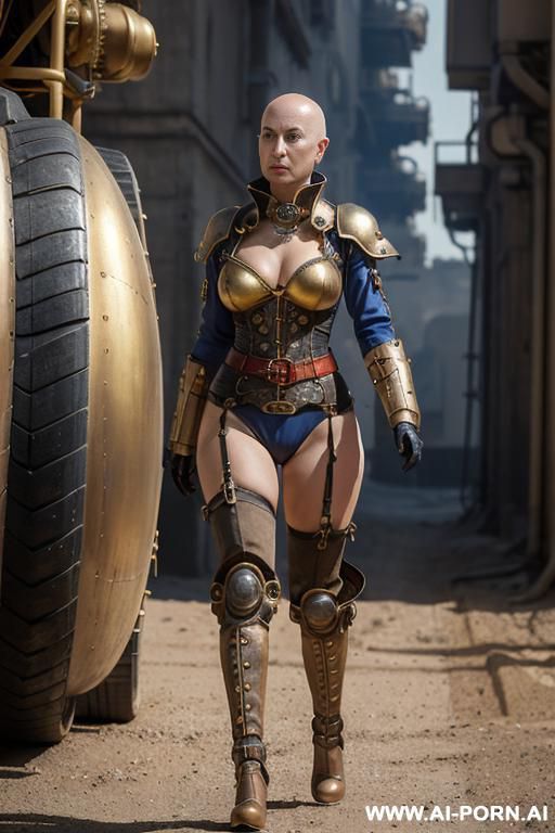 (japanese sci-fi slender old bald woman), ((aa cup boobs)), in the blue and yellow sci-fi outfit, on the sci-fi spaceship, diver suit and fashion white coat, wearing golden sci-fi helmet and golden galaxy empress armor, she is walking on the road. - #main