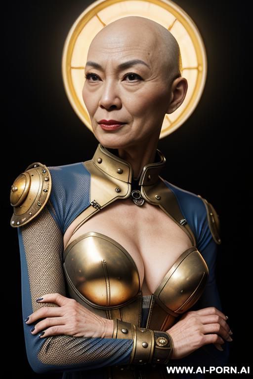 (japanese sci-fi slender old bald woman), ((aa cup boobs)), in the blue and yellow sci-fi outfit, on the sci-fi spaceship, diver suit and fashion white coat, wearing golden sci-fi helmet and - #main
