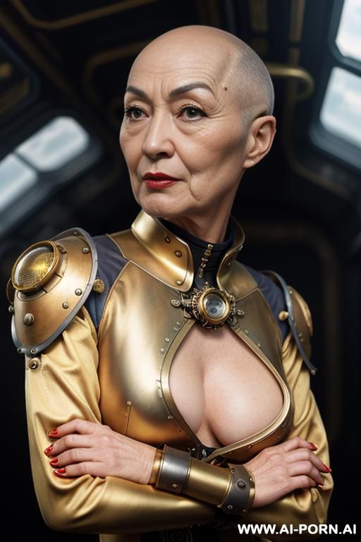 backview of (japanese sci-fi slender old bald woman), ((aa cup boobs)), in the blue and yellow sci-fi outfit, on the sci-fi spaceship, diver suit and fashion white coat, wearing golden sci-fi - #main