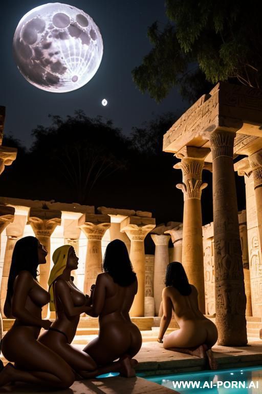 egyptian female chubby priestess surrounded by naked lesbian egyptian female chubby temple servants in a beautiful garden under the moon - #main