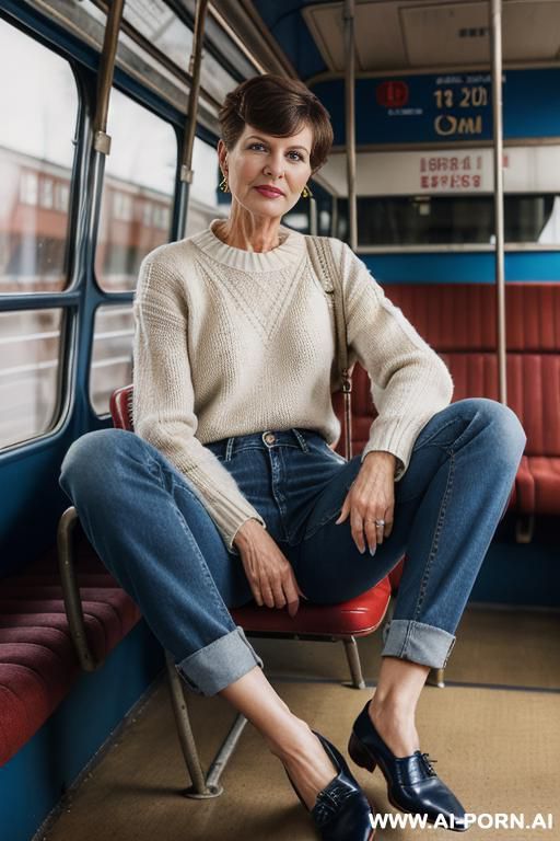 mature woman, vintage flared blue jeans, oxford shoes - #main