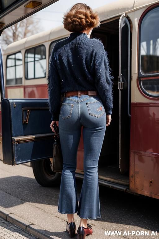 mature woman, vintage flared dark-blue jeans, oxford shoes - #main