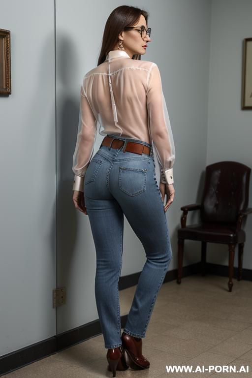 mature woman, glasses, transparent blouse, vintage straigh blue jeans, leather belt, oxford shoes, from behind - #main