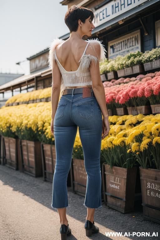 mature woman, pretty face, transparent top, vintage straight dark-blue jeans, yellow seams, leather belt, oxford shoes - #main