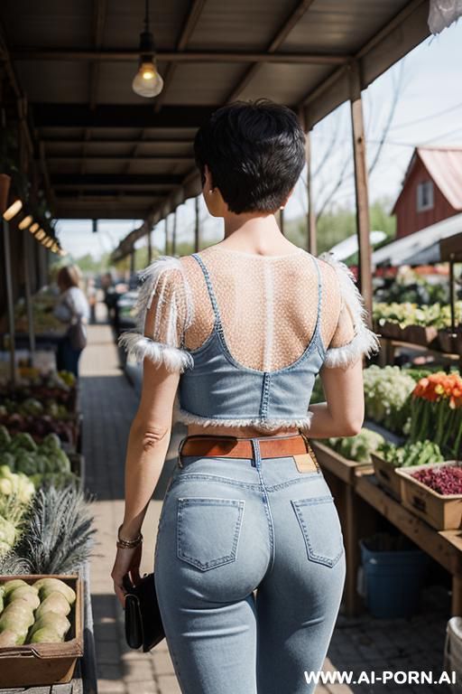 mature woman, pretty face, transparent top, vintage straight blue jeans, leather belt, oxford shoes - #main