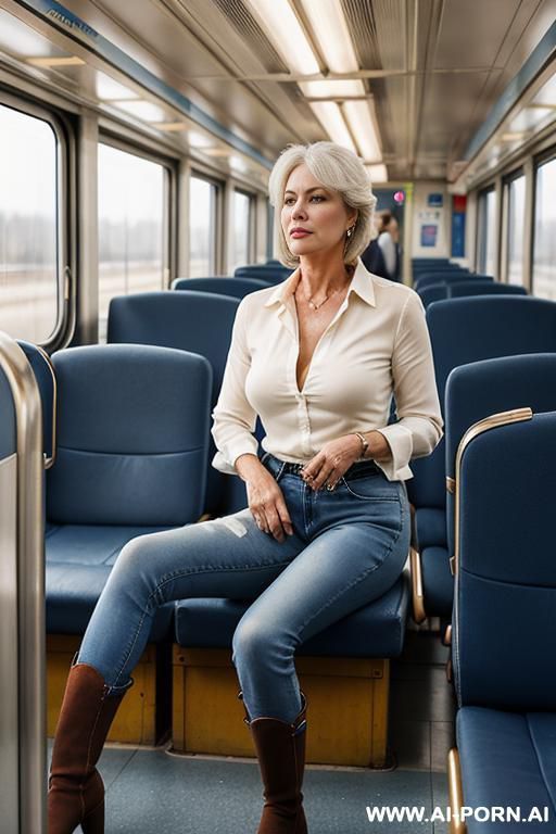 mature woman, tight blue jeans, cream ridding flats long boots - #main