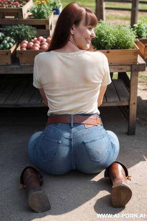 mature woman, vintage straight blue jeans, golden belt, flats short boots, from behind - #main