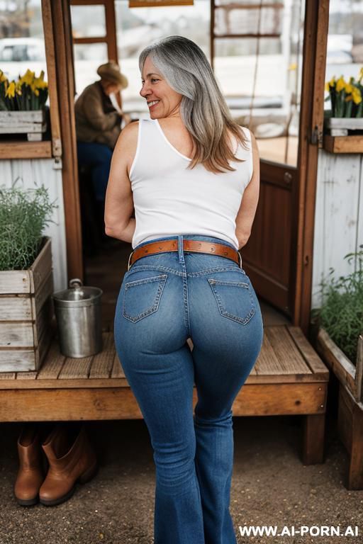 mature woman, vintage bootcut blue jeans, golden belt, flats short boots, from behind - #main