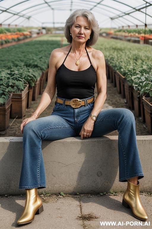 mature woman, black top, vintage bootcut blue jeans, golden belt, flats short boots - #main
