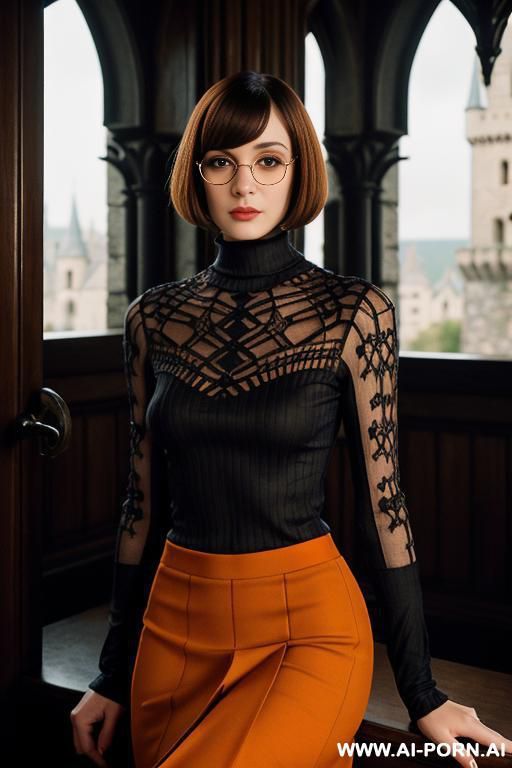 brunette hair, bob haircut with bangs, tight (((orange)) turtleneck sweater), (((brown)) pleated skirt), square black rimmed glasses, medium to large sized natural boobs, haunted castle - #main