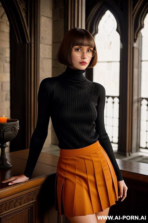 brunette hair, bob haircut with bangs, tight (((orange turtleneck sweater))), (((brown pleated skirt))), square black rimmed glasses, medium to large sized natural boobs, haunted castle - #main