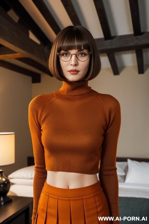 brunette hair, bob haircut with bangs, tight (((orange)) turtleneck sweater), (((brown)) pleated skirt), square black rimmed glasses, medium to large sized natural boobs, - #main