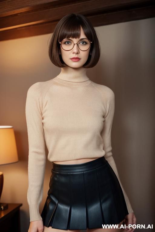 brunette hair, bob haircut with bangs, tight (orange turtleneck sweater), (brown pleated skirt), black rimmed glasses, medium sized natural boobs, - #main