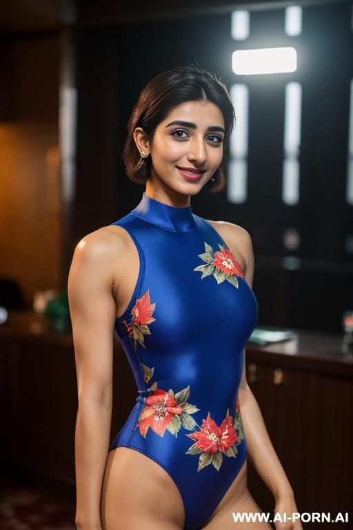 (athletic swimmer), ((royal blue floral patterned sleeveless crew neck swimsuit bodysuit )) (urwa hocane), (((bangladeshi ))), (christmas ), (big nose), ((looking at the camera)), photorealistic, (ultra - #main