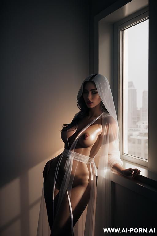 sexy, escort woman, in a penthouse, light from a window on side, super real photo, cinematic artistic lighting, flashing boobs, transparent see-through robe string made glowing robe, (greyish soft glow) - #main