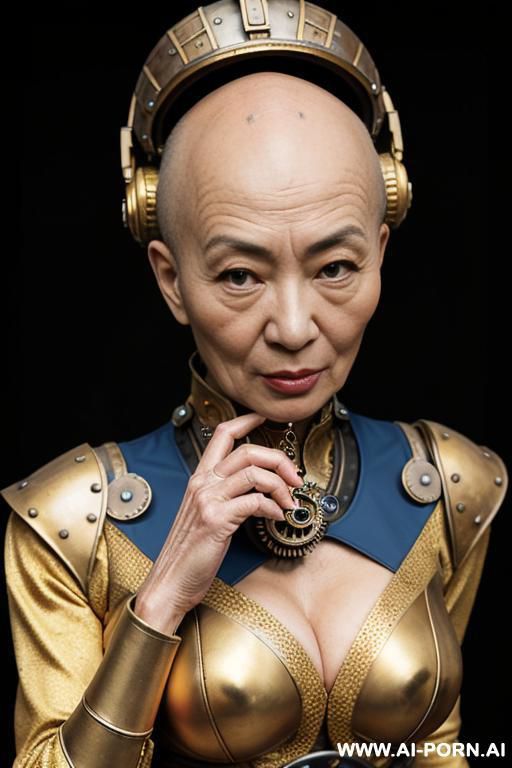 backview of (japanese sci-fi slender old bald woman), ((aa cup boobs)), in the blue and yellow sci-fi outfit, on the sci-fi spaceship, diver suit and fashion white coat, wearing golden sci-fi - #main