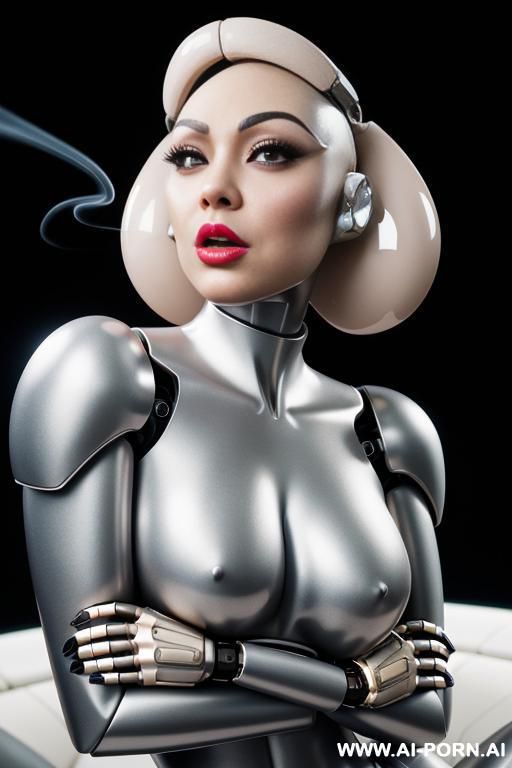 damaged bald robot, back view, full body view, lying on stomach on floor in spaceship, metallic dildo in right hand, spreading straight legs, beautiful angry human face with tanned silicone skin, - #main