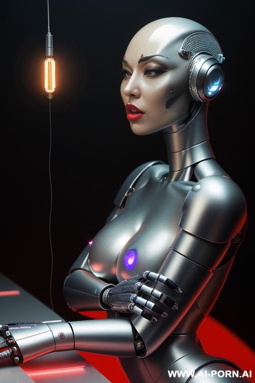 damaged robot, back view, full body view, lying on stomach on floor in spaceship, metallic dildo in right hand, spreading straight legs, beautiful angry human face with tanned silicone skin, - #main