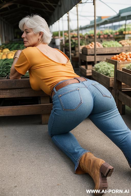 mature gilf, orange top, vintage bootcut blue jeans, white belt, golden short flats boots, from behind - #main