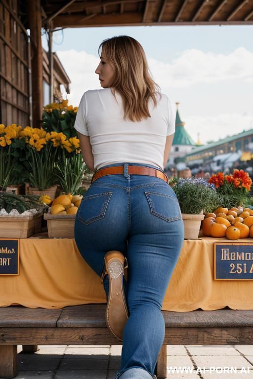mature gilf, orange top, vintage bootcut blue jeans, white belt, golden short flats boots - #main