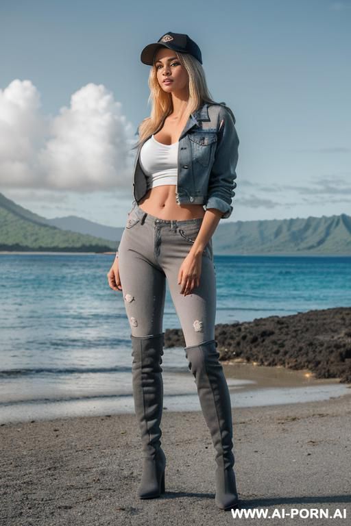 female blonde in tight bisty cleavage tshirt bare stomach in open jeans jacket in jeans hotpants in gray overknee boots in black baseball-cap she walk wilderness beach big island jungle mountains azure sky ocean landscape - #main