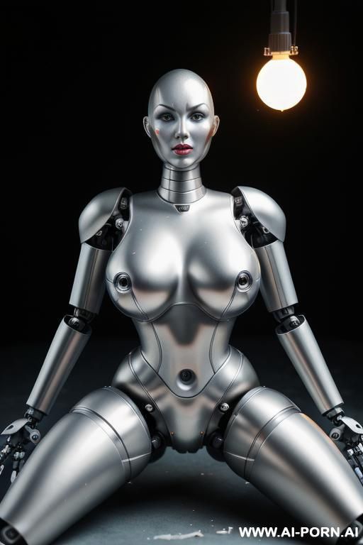 damaged robot, full body view, lying on stomach on floor in spaceship, metallic dildo in right hand, spreading straight legs, beautiful angry human face with tanned silicone skin, shouting, big - #main