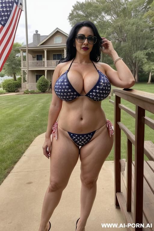 classy housewife, gorgeous face, heavy makeup up, milf, huge saggy breasts, full body view, ((keep face)), ((keep body)), sunny summer day, outside large lake house on the lake, wearing american flag bikini, - #main