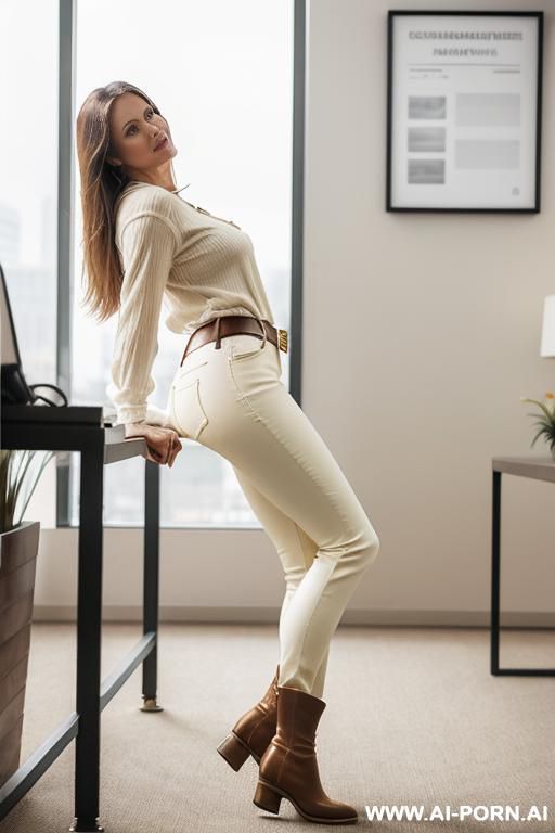 mature woman, bootcut light-brown leather pants, cream belt, white henley, golden short flats boots - #main