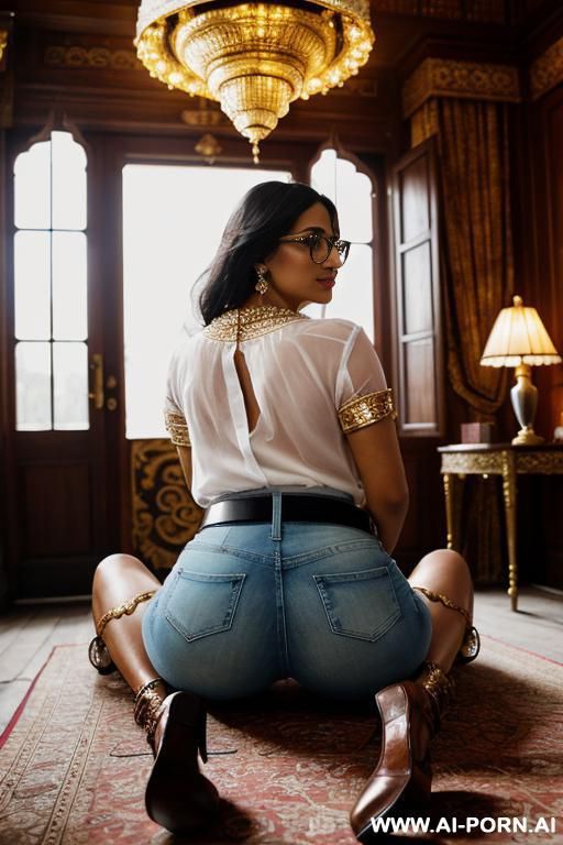 mature woman, white top , glasses, straight dark-blue jeans, belt, flats short boots, from behind - #main
