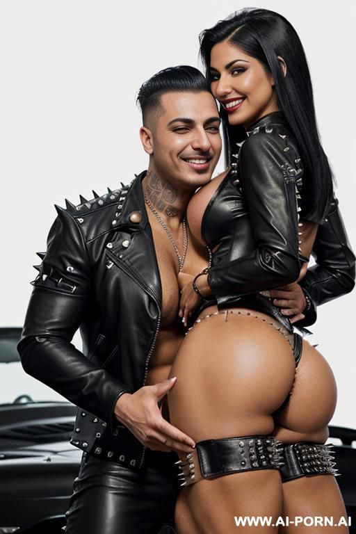 ((((persian rap milf hugging a twenty year old muscular punk man)))) with (((((((gigantic tits))))))) and (((long hair))), (makeup) , (((tight spiked studded red leather jacket))) (((tight spiked black - #main