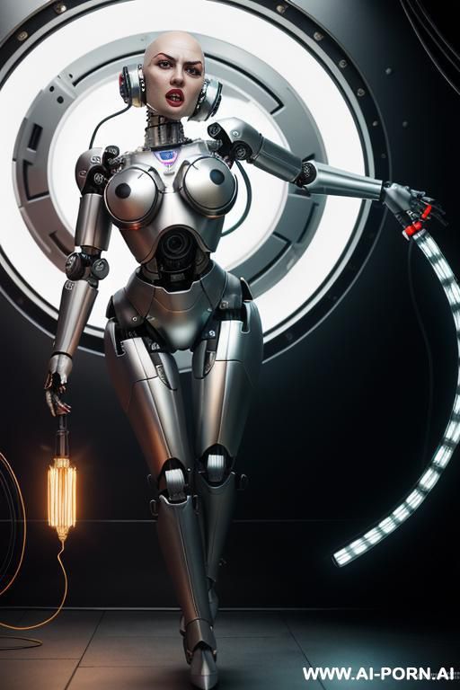 damaged robot, full body view, lying on stomach on floor in spaceship, metallic dildo in right hand, spreading straight legs, beautiful angry human face with tanned silicone skin, shouting, big - #main