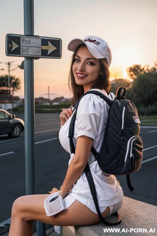 sunset landscape at the bus stop pretty italian woman full lips smile seductive gaze hitchhiker sitting sexy pose sneakers cotton sport short white tight skin low rise perfect huge tits shirt muscle fit brunette hair ((((backpack)))) baseball cap backside - #main