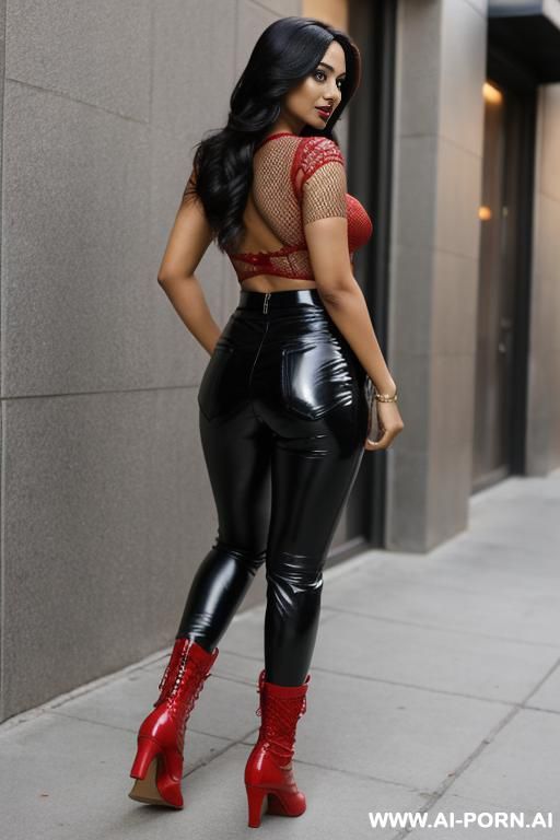 bangladeshi woman, red fishnet top, laced tight leather pants, flats short boots - #main