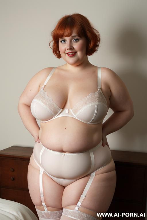 white woman, rotund body, huge, supermodel, pear shaped, lovehandless, very obese, tummy, short hair, huge legs, massive hips, high rise (garter belt stockings), eye contact, huge arms - #main