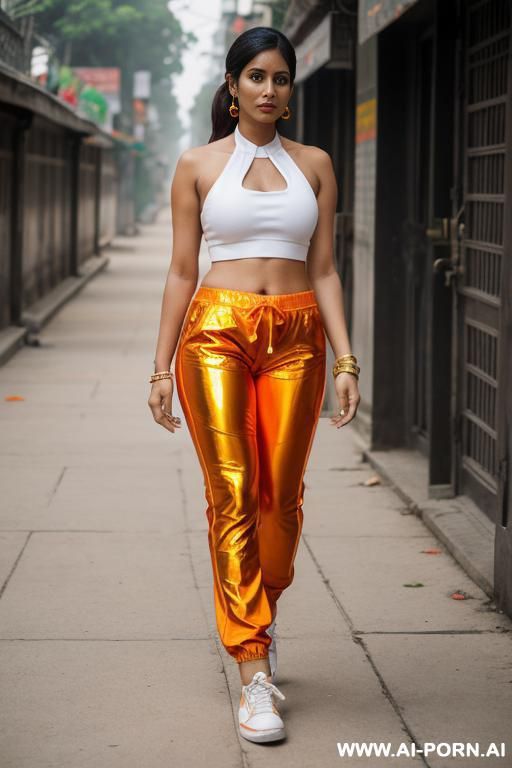 bangladeshi woman, orange shiny pants, white sneakers - #main