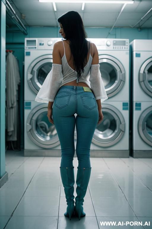 bangladeshi woman, fishnet top, big nipples, tight blue jeans, turquoise ridding flats long boots - #main