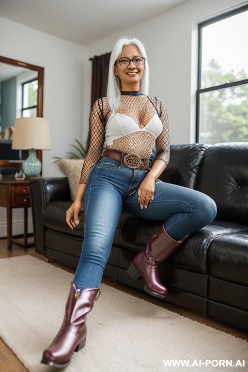 bangladeshi woman, leather belt, fishnet top, glasses, straight blue jeans, light-brown ridding flats long boots - #main
