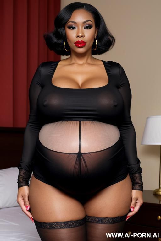 african american, huge pregnant belly, tight black nylon short blouse with long sleeves, oiled skin, milf, red lipstick, no pants, naked pussy - #main