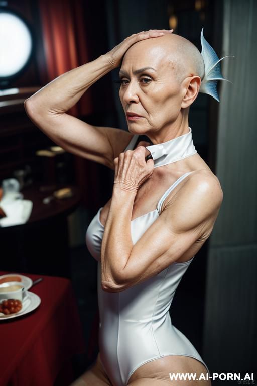 ((((view fish eye lens)))) up level shot forehead in closedup backview hyperrealism painting: an atompunk sci-fi bald slender old japanese woman with high cheekbones and triangle face and tight - #main