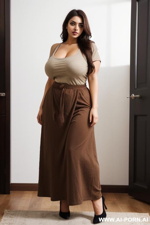 swedish, brunette, broad shoulders, wide waist, busty, in loft, baggy tshirt and long brown skirt - #main