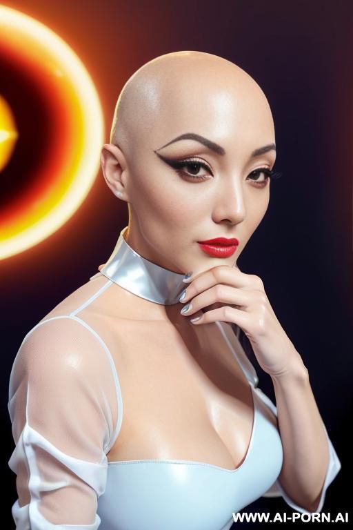 ((((view fish eye lens)))) up level shot forehead in closedup hyperrealism painting: full-length of slender bald japanese woman, age twenty, ((a cup teardrop boobs)), on the desert field, bald - #main