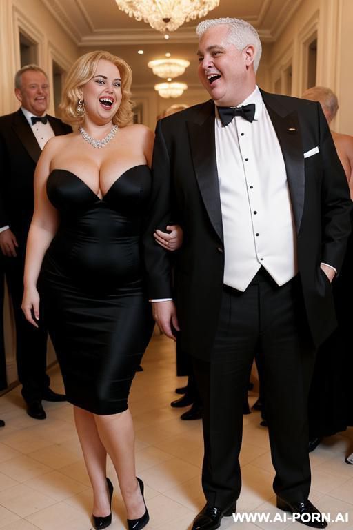 beautiful blonde naked chubby granny, shaved pussy, elry, high heels, laughing, standing next to a man in a tuxedo in a crowded room. - #main